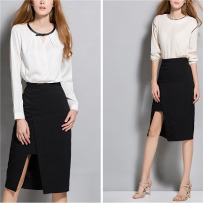 Black Special Diagonal Split Design Knee-length Skirt
