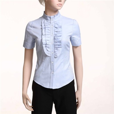 Mandarin Collar Frill Details And Button Decorating Placket Short Sleeve Shirt