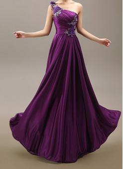 One-shoulder Ruched Details And Beading Prom Dress With Wide Long Heavy Skirt