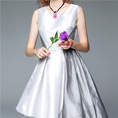 Solid Silver Front Contrasting Patch Organza Waist Trimming Sleeveless Woven Fabric Luxury Dress