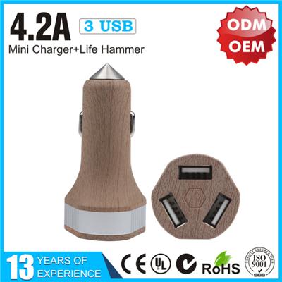4.2A Wood Triple USB Car Charger with Life Hammer YLCC-235