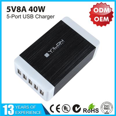 Professional Design 5 Port Metal Wiredrawing Multi USB Wall Charger YLTC-325