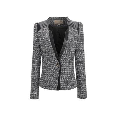 Beautiful Geo Textured Contrasting PVC Yoke And Placket Decorative Button With Hook And Eye Fastening Long Sleeve Jacket