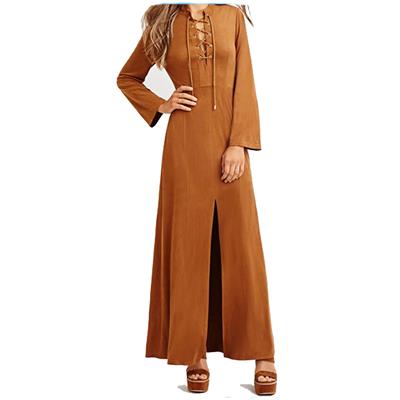 V-neck Long Women Dresses High Waist Design With Belt In Faux Suede