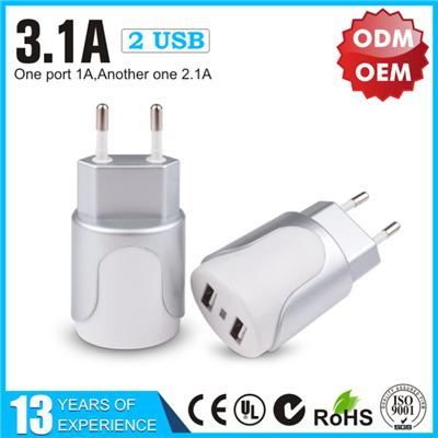 Silver 3.1A Dual USB Wall Charger
