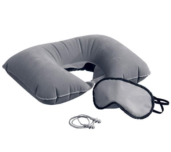 Travel kit with inflatable neck pillow ,ear plugs and eye mask in a nylon bag.