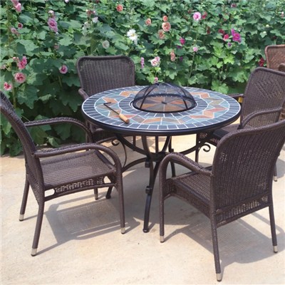 HL-5S-16008 Round Fire Pit & BBQ Table Set With Slate Top Bowl Cover Mosaic Table With Four Rattan Arm Chair