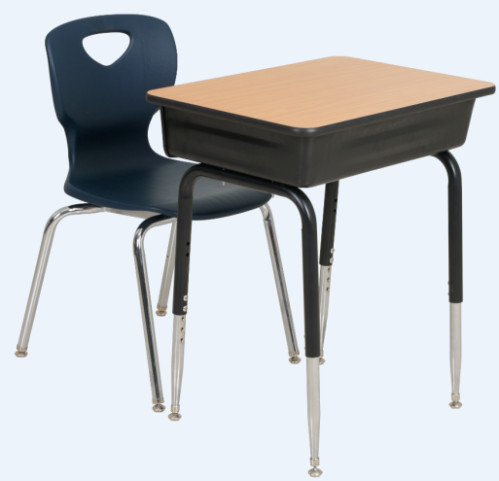 single adjustable school desk with metal frame and metal drawer