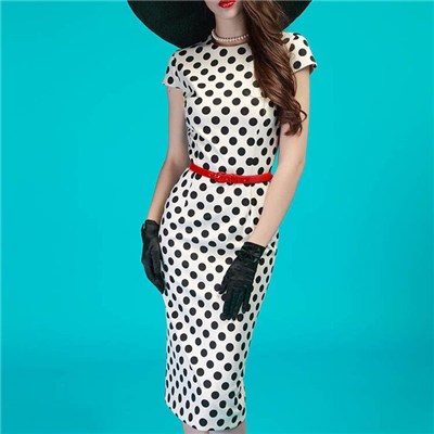 Sexy Round Neck Classic Black Polka Print Slim Fit Dress