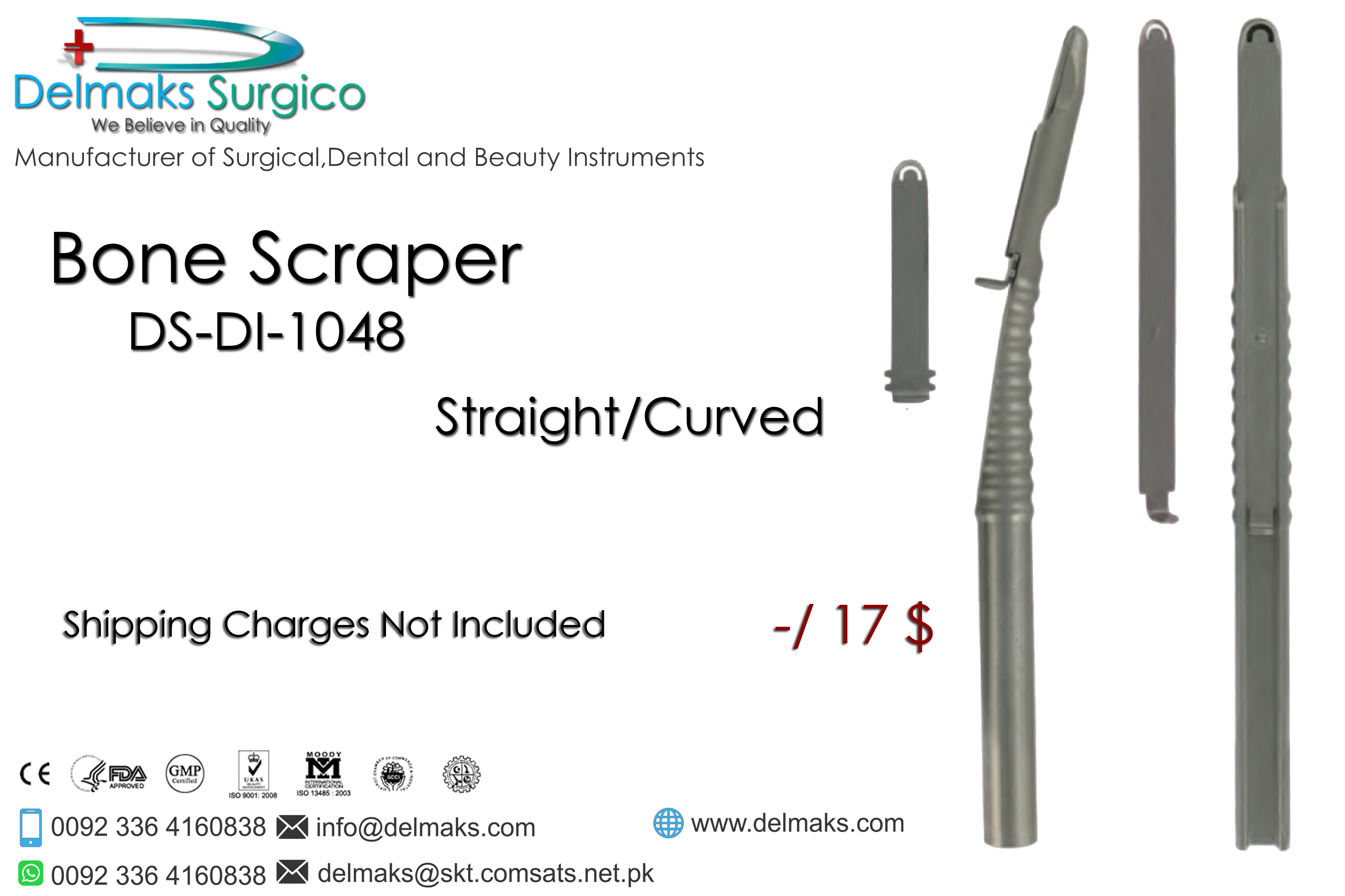 Bone Scraper-Straight,Curved-Dental Implants-Dental Instruments-Delmaks Surgico
