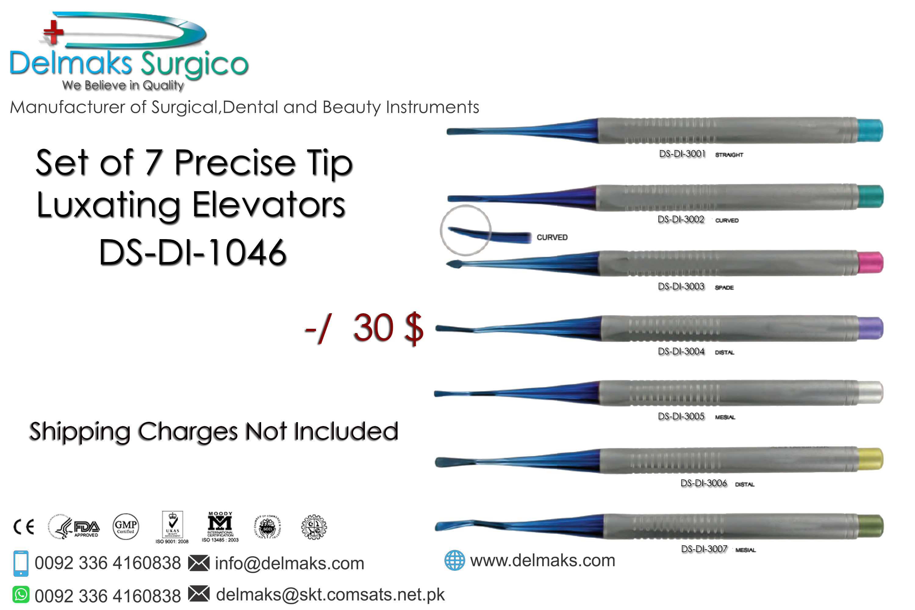 Set of 7 Precise Tip Luxating Elevators-Dental Implants-Dental Instruments-Delmaks Surgico