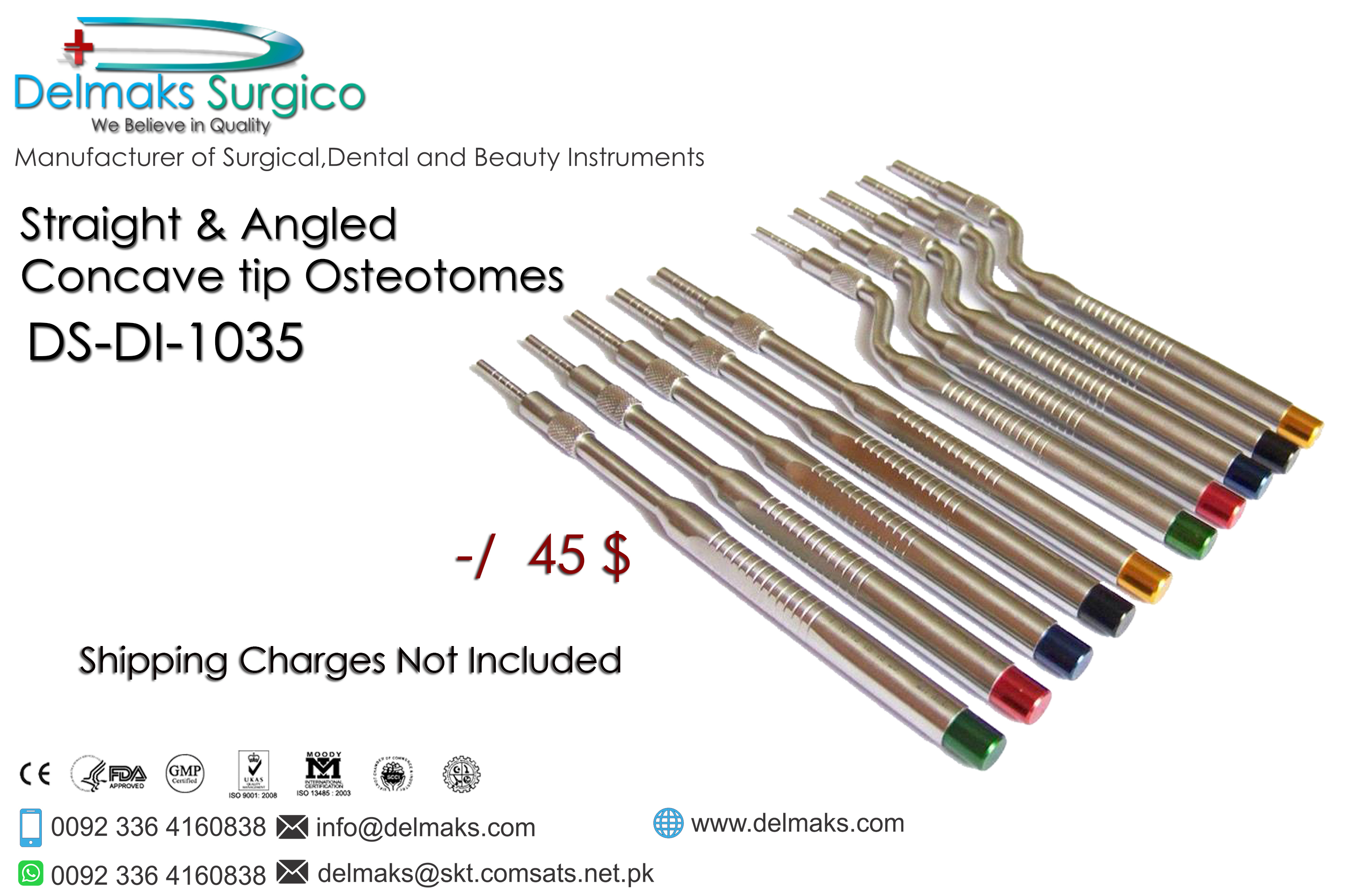 Set of 10 Straight & Angled Concave tip Osteotomes-Dental Implants-Dental Instruments-Delmaks Surgico