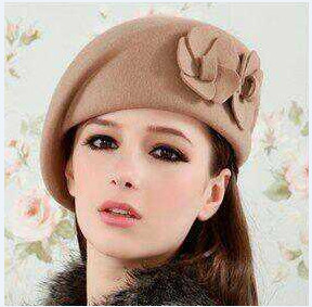 camel wool felt beret hat with double flowers 
