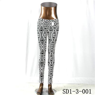 Women Fashion Sexy Woven National Style Printing High-waist Slimming Black and White  Leggings