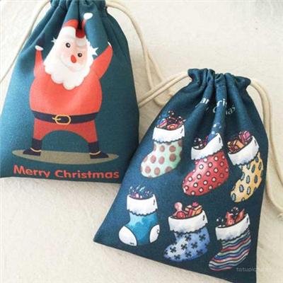 Hot Selling Canvas Christmas Drawstring Gift Bags Printed Christmas Santa