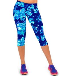 Hot New Women's Fashion High Waist Printed Blue Floral Workout Fitness Elastic Capri Leggings