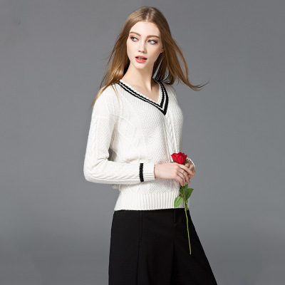 Factory supply blank pure wool smooth v-neck sweater school style woolen sweater designs ladies