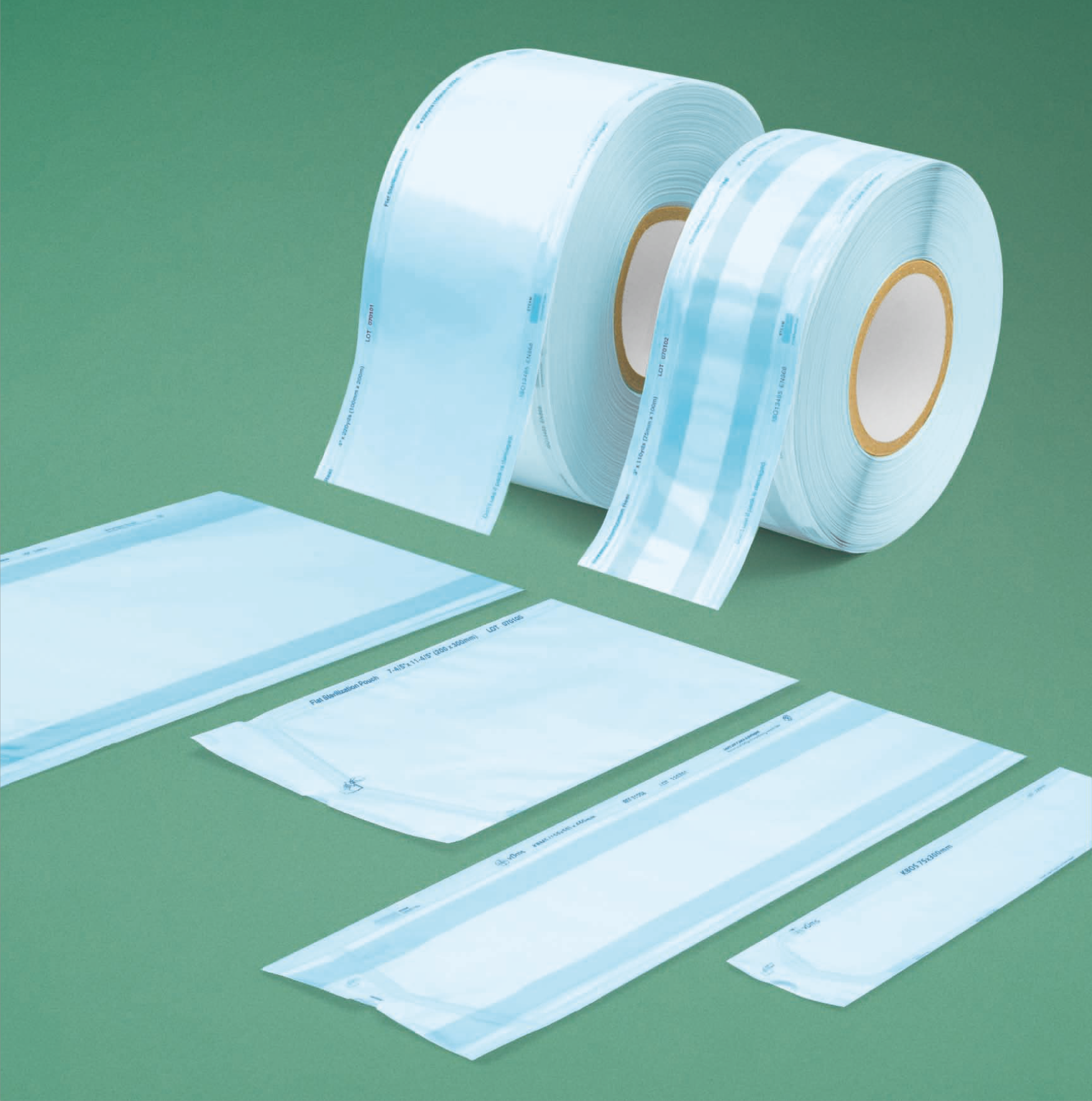 Supersoft and Standard crepe wrap for hospital packaging, available in different colors and sizes.
