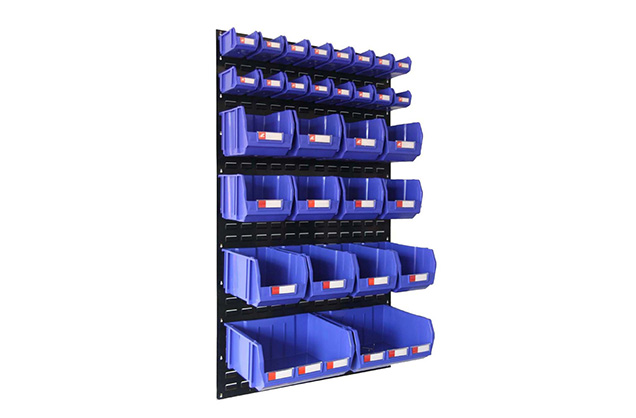Louver panel kits with plastic storage bin
