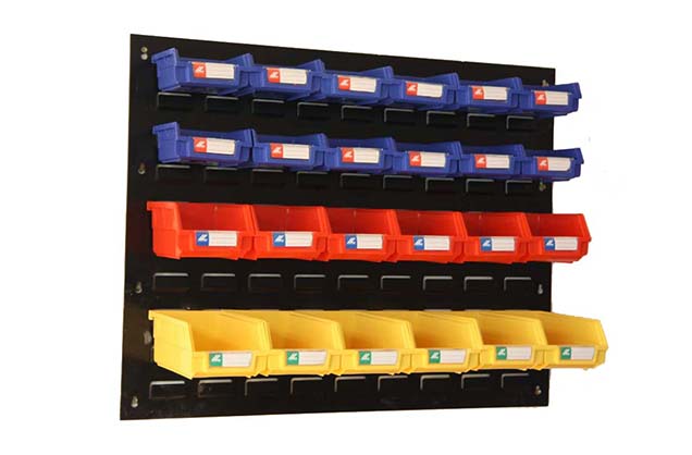 Wall mounted Louvered Panels with plastic hanging bins