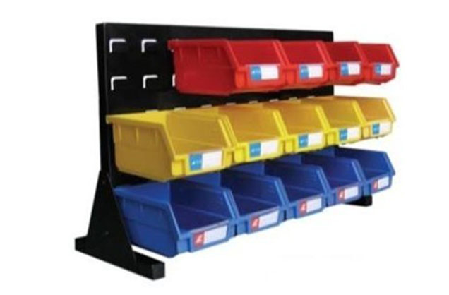Louvered panel bench rack with plastic picking bins
