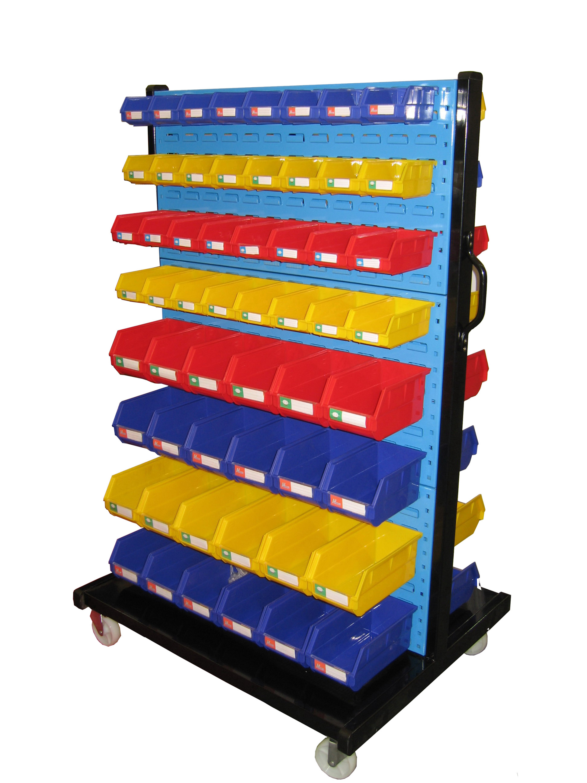 Mobile louvered panel floor rack with plastic bins