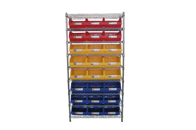 Chrome wire shelving with plastic bins