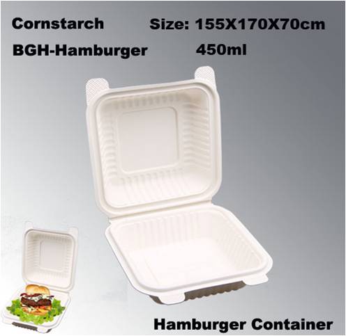 I. Ящик быстрого питания №: BGH-Hamburger II. Размер: 155X170X70mm 450ml III. Вес: 30 г / шт. IV. Преимущества нашей посуды из кукурузного крахмала:       1.Biodegradable: Разрушение естественно под в