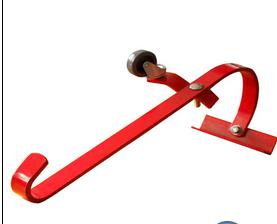 Metal ladder hook with a convenient wheel to roll the ladder along the roof ladder