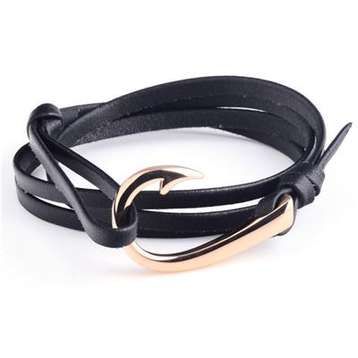 Adjustable Mens Designer Black Leather Wrap Fish Hook Bracelet