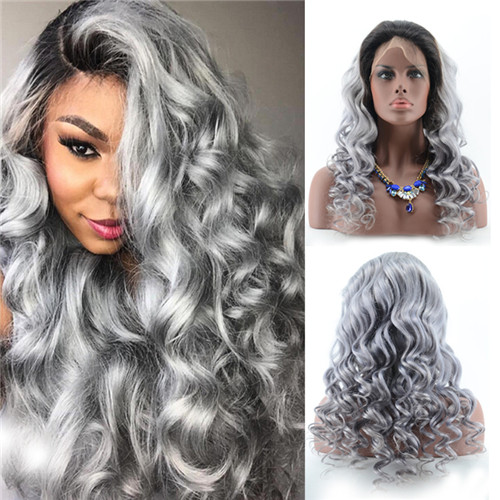 Unprocessed 1BTGrey Ombre Color Body Wave Human Hair Lace Wig With Natural Full Lace In Stock