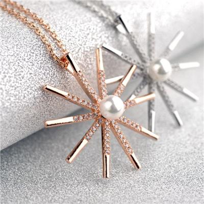 Pearl With AAA CZ Snowflake Pendant Necklace