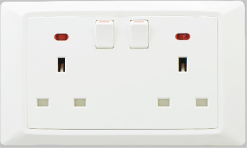 Flush type british standard double 2 gang switched socket with neon