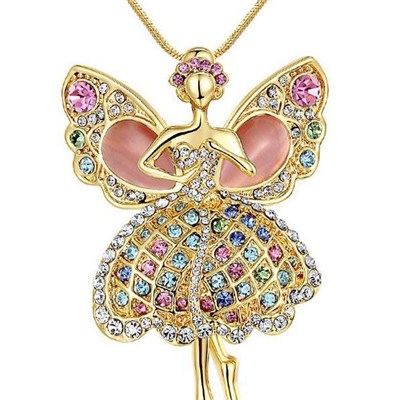 Shiyi Pink Long Chain Necklace Gold Plated Angel-Shaped Jewelry Necklace with Cat Eye MY-00013