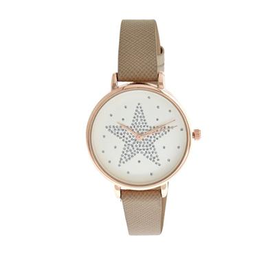 Rhinestone Star Design Dial Plate Watch  Textured Leather Band Gold-Tone Frame Wristwatch