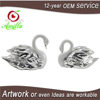 White With Silver Swan Statue For Home Room Accessories And Wedding Gifts