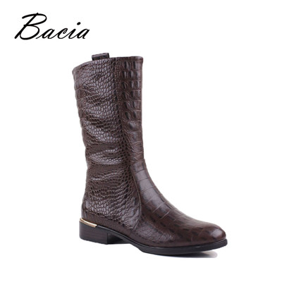 Embossed Natural Cow Leather Boots Plush Women mid-calf  Shoes