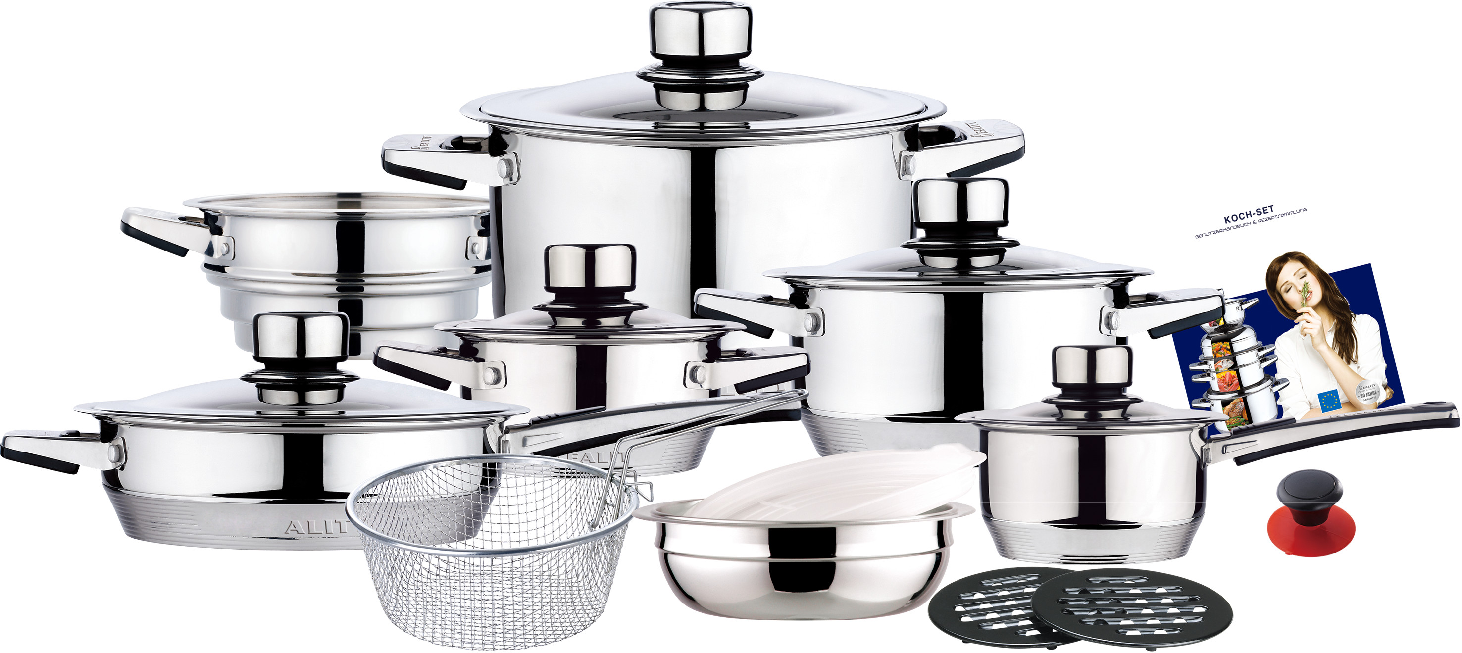 19pcs straight shape stainless steel cookware set with strong revit handle