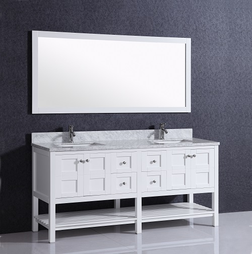 Product name 	White high gloss liquidation bathroom vanity Place of origin 	Hangzhou, China Model No.	T9303 Main cabinet 	72W x 22D x 33.5H  Material  Solid wood  Hardware	Polished finishing  Co