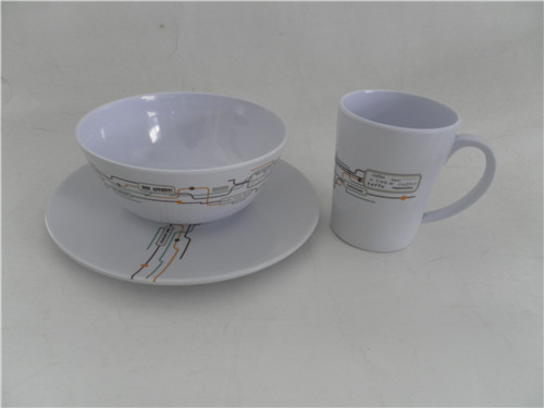 factory direct sale plastic round tumbler mug with handle/melamine salad bowl and flat plate 3pcs 