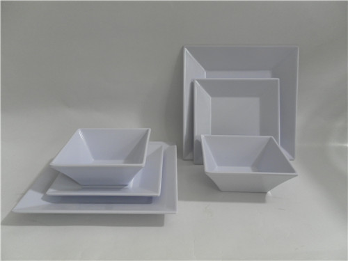 3pcs Melamine white square plate and bowl set and plastic dinnerware set