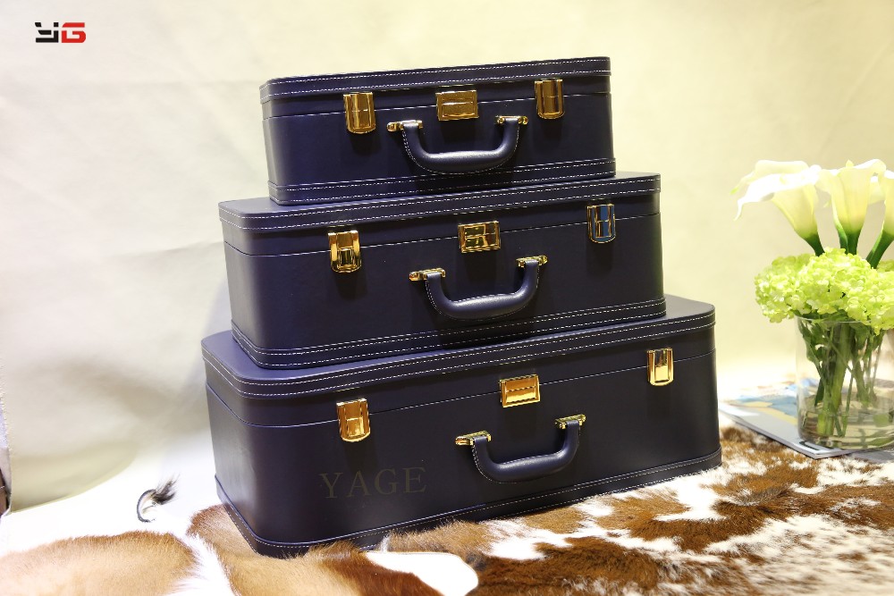 New design wooden PU decorative home leather travel suitcase/storage box