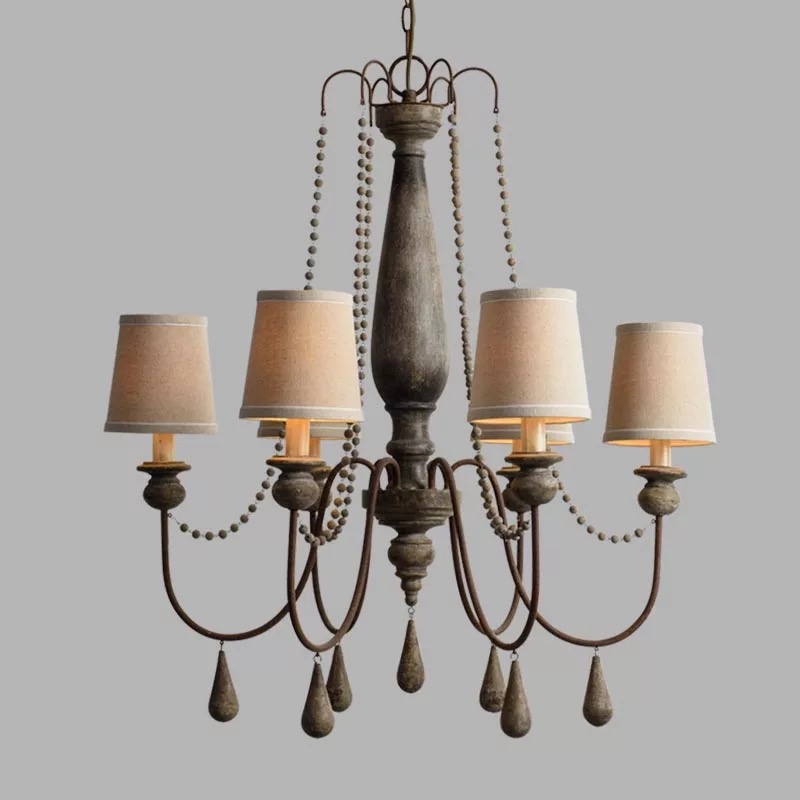 6 arms double-deck fabric lamp shade antique brass modern wooden candle chandelier