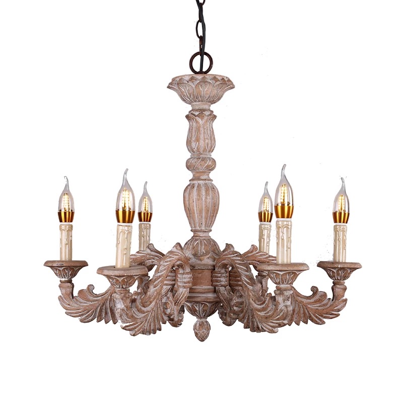American 6-Light Contemporary Large Hand-Carved Solid Wood Chandelier For Hallways or Restaurant