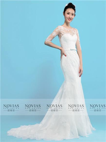 3/4 Sleeve Lace Applique Illusion Lace Back Wedding Gown