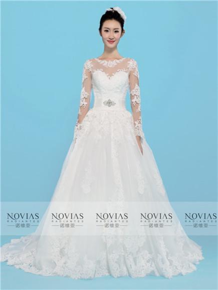 Long Sleeve Beaded Belt Lace Ball Gown Wedding Gown
