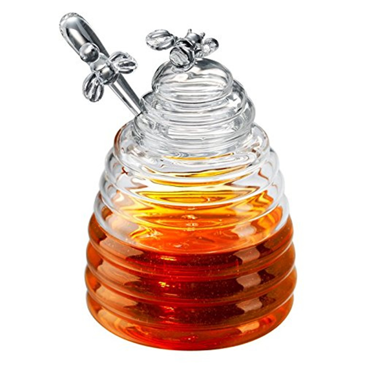 Clear Beehive Glass Honey Jar hexagonal Honey Bee Pot with Dipper