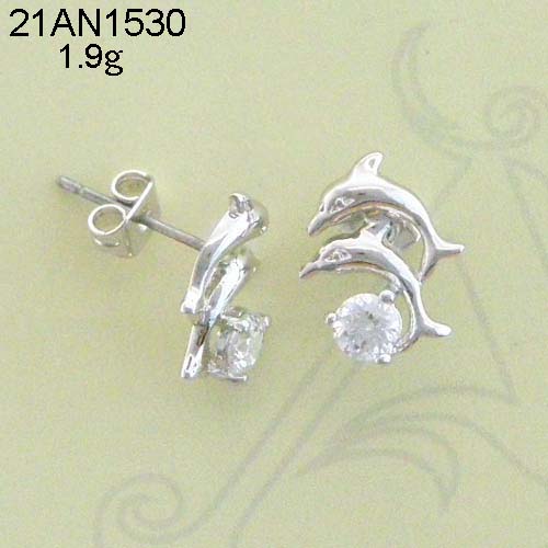 Wholesale rhodium plated cute dolphins earring with clear cubic zirconia