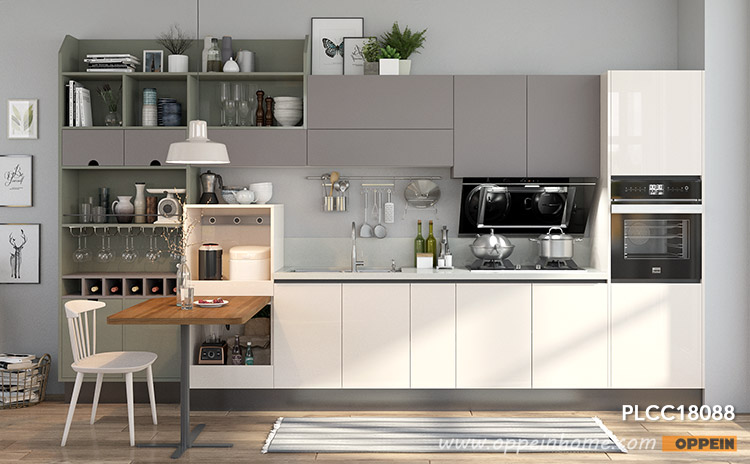 Beige and Gray Lacquer Straight Line Kitchen PLCC18088