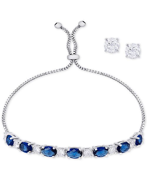 Sapphire Slider Bracelet & Cubic Zirconia Stud Earrings Set In Silver-Plate